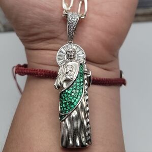 Green and Silver Teardrop Pendant Necklace with Crystal Accents